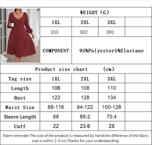 Size chart for plus size V-neck dress showing length, bust, and waist measurements