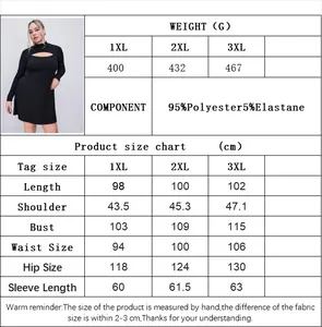 Size guide for plus size hollow out dress showing weight and fabric composition detail
