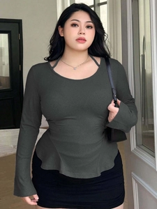 T-Shirt en Tricot Sexy Grandes Tailles pour Femmes Col en U Manches Longues Coupe Slim Couleur Unie Top Côtelé