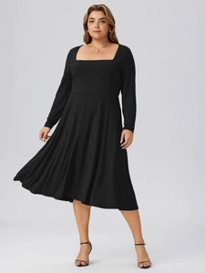 Women's Plus Size Square Neck Midi Dress Elegant High Waist A-Line Long Sleeve Knitted Dress Casual Solid Black Dress