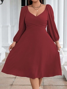 Women Plus Size Elegant V Neck Lantern Sleeve Midi Dress Solid Color Wine Red A-Line Knitted High Waist Evening Party Dress