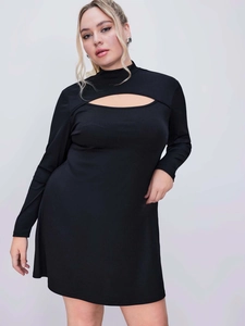 Plus Size Women Cut Out Dress Mock Neck Long Sleeve Ribbed Knit A Line Slim Fit Casual Mini Fashion Plus Size Dress