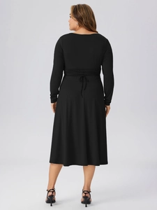 Women's plus size square neck long sleeve midi dress with wrap-around waist tie in black