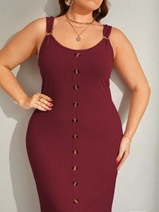 Plus size burgundy ribbed knit midi dress with button details and metal ring straps