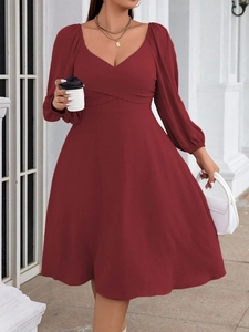 Elegant plus size wine red V-neck wrap dress with lantern sleeves and A-line midi skirt