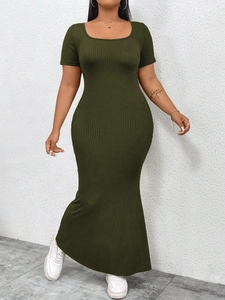 Slim fit olive green ribbed knit maxi dress with scoop neck and elegant short sleeves