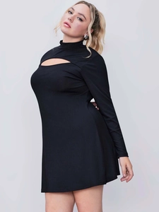 Slim fit black ribbed knit dress featuring a cutout high neck and elegant long sleeves