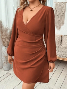 Elegant French style V-neck wrap dress for women in caramel brown with pleated waist details