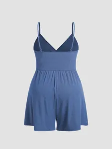 Sleeveless ribbed knit romper in grey blue with thin straps and a cinched waist design