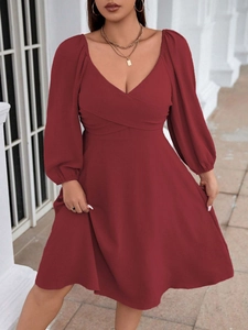 Elegant deep red V-neck long sleeve midi dress with lantern sleeves and A-line silhouette