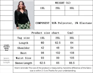 Size chart for women's plus size V-neck velvet top showing measurements in centimeters