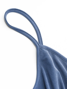 Blue ribbed knit sleeveless romper with premium stitching details and stretchy straps