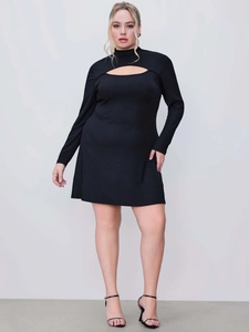 Elegant black long sleeve mini dress with a chic cut-out detail and mock neck style
