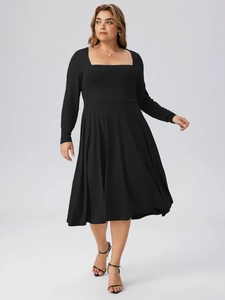 Elegant black square neck midi dress with long sleeves and cinched waist for women
