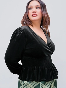 Elegant plus size black velvet V-neck top with smocked waist and ruffled hem details