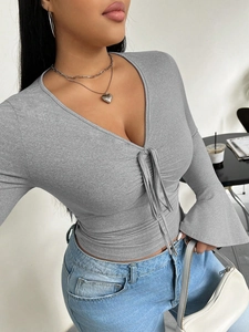 Slim fit V-neck long sleeve grey T-shirt with drawstring detail for a chic urban look