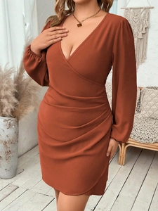 Elegant rust red V-neck long sleeve wrap dress with flattering side ruching for women