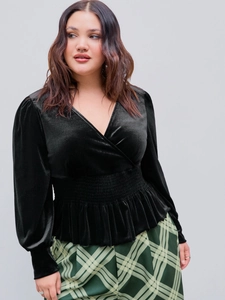 Women's Plus Size V-Neck Velvet Top Elegant Smocked Waist Peplum Hem Long Lantern Sleeve Slim Fit Blouse Shirt