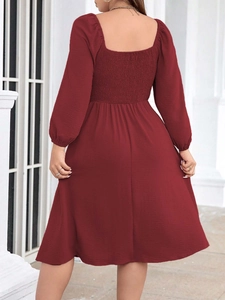 Elegant dark red long sleeve midi dress with smocked back and stylish lantern sleeves