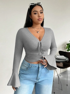 Slim fit gray V-neck long sleeve top with drawstring detail and flared cuffs for women