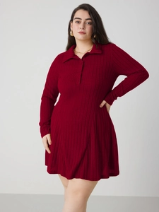 Robe Grande Taille Femme Rouge Vin en Maille Côtelée Col Polo Manches Longues Boutons Ligne A Mini Robe Élégante Automne Casual