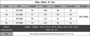 Size chart with length, bust, and sleeve measurements for women's long sleeve sweater
