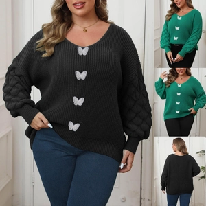 Close-up of V-neck plus size sweater featuring 3D butterfly embroidery and honeycomb sleeves