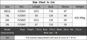 Detailed size chart in cm for women's plus size sweater featuring 0XL to 3XL measurements