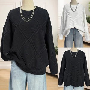 Detailed view of vintage diamond lattice knit texture on loose long-sleeve sweater