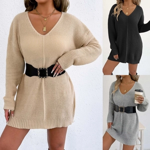 Vertical rib texture detail of V-neck knit dresses in beige, black and grey tones