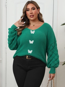 Plus size dark green V-neck sweater with butterfly lace appliques and textured puff sleeves