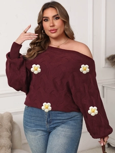 Burgundy off-shoulder oversized knit sweater with 3D daisy flowers and batwing sleeves