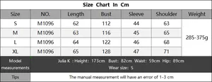 Detailed size chart for V-neck sequin lace sweater with measurements for S to XL sizes