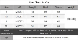 Detailed size chart for plaid cardigan with measurements for length, bust, and sleeves