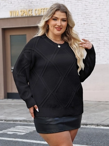 Women's plus size black knit sweater with classic diamond lattice pattern in a loose fit