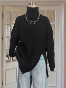 Women Casual Turtleneck Long Sleeve Pullover Sweater Solid Color Loose Split Hem Knitwear Winter Fashion Apparel