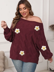 Plus size off-shoulder wine red knit sweater with 3D daisy floral embroidery