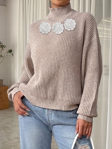 Pale mauve turtleneck knit sweater featuring 3D white crochet flower appliques for women
