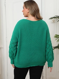 Women's bright green V-neck knit sweater featuring unique textured pineapple sleeves