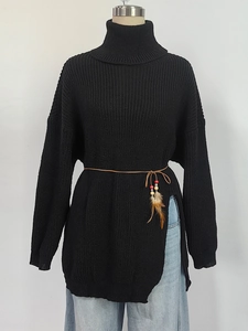 Oversize black turtleneck sweater with chunky rib knit pattern and side slits for women