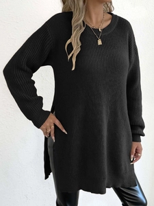 Women's black crewneck knit sweater with side slits and long sleeves for casual wear