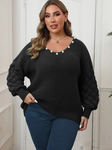 Plus size dark grey knit sweater with V-neck floral embellishment and lantern sleeves