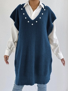Übergroßes dunkelblaues Strick-Weste-Kleid mit V-Ausschnitt und Perlenbesatz für Damen