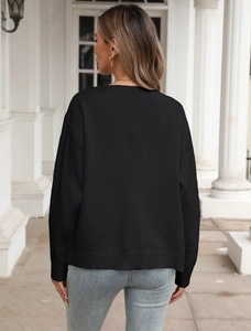 Women's black long-sleeve knit cardigan with ribbon bow and ribbed hem in casual style