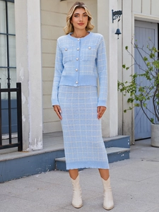 Detail showing high-quality plaid knit fabric and pearl buttons on light blue cardigan set