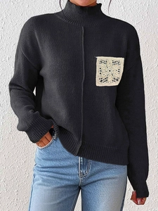 Women's slim fit black turtleneck knit sweater with floral sequin crochet patch detail