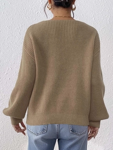 Khaki Strickpullover für Damen mit lockeren Laternenärmeln und modischer Schleifendekoration