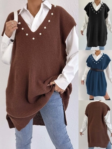 Damen Oversized V-Ausschnitt Strickweste Kleid Mit Künstliche Perlenverzierung Ärmellos Seitenschlitz Lange Strickkleid Casual Streetwear