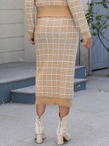 Ensemble en tricot à carreaux pour femme avec haut et jupe crayon mi-longue marron