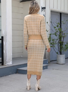 Elegant beige plaid knit set with long sleeve sweater and midi pencil skirt for women